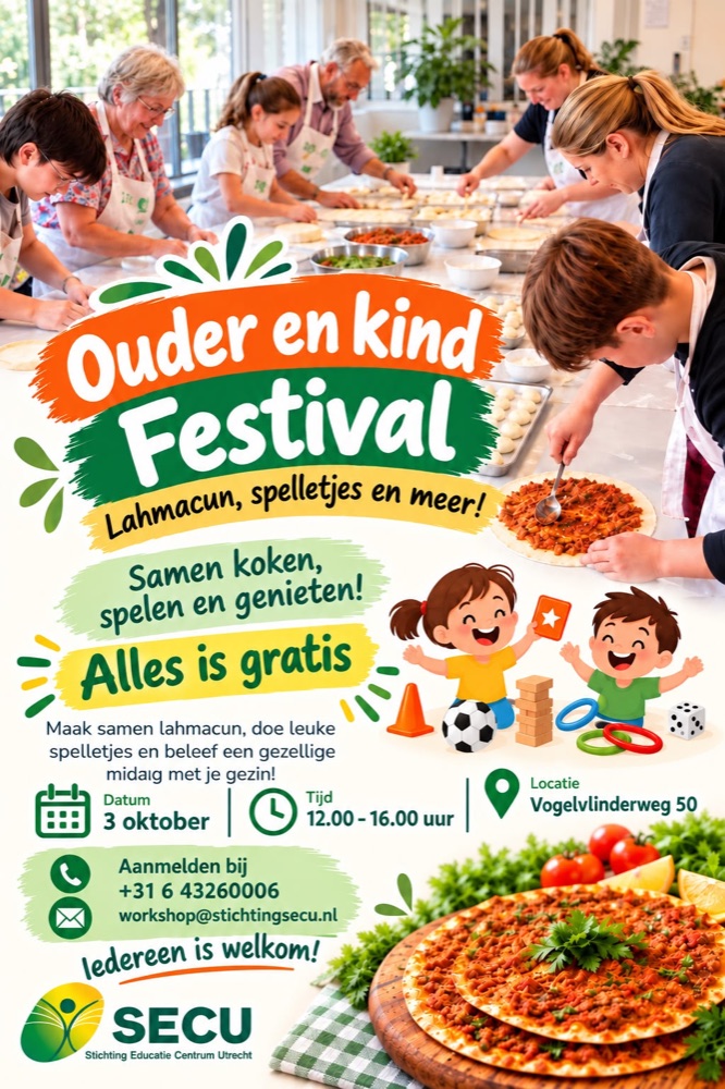 Ouder en kind Festival: lahmacun, spelletjes en meer. 3 oktober, 12.00 tot 16.00 uur, Vogelvlinderweg 50. Alles is gratis. Aanmelden: +31 6 43260006 of workshop@stichtingsecu.nl